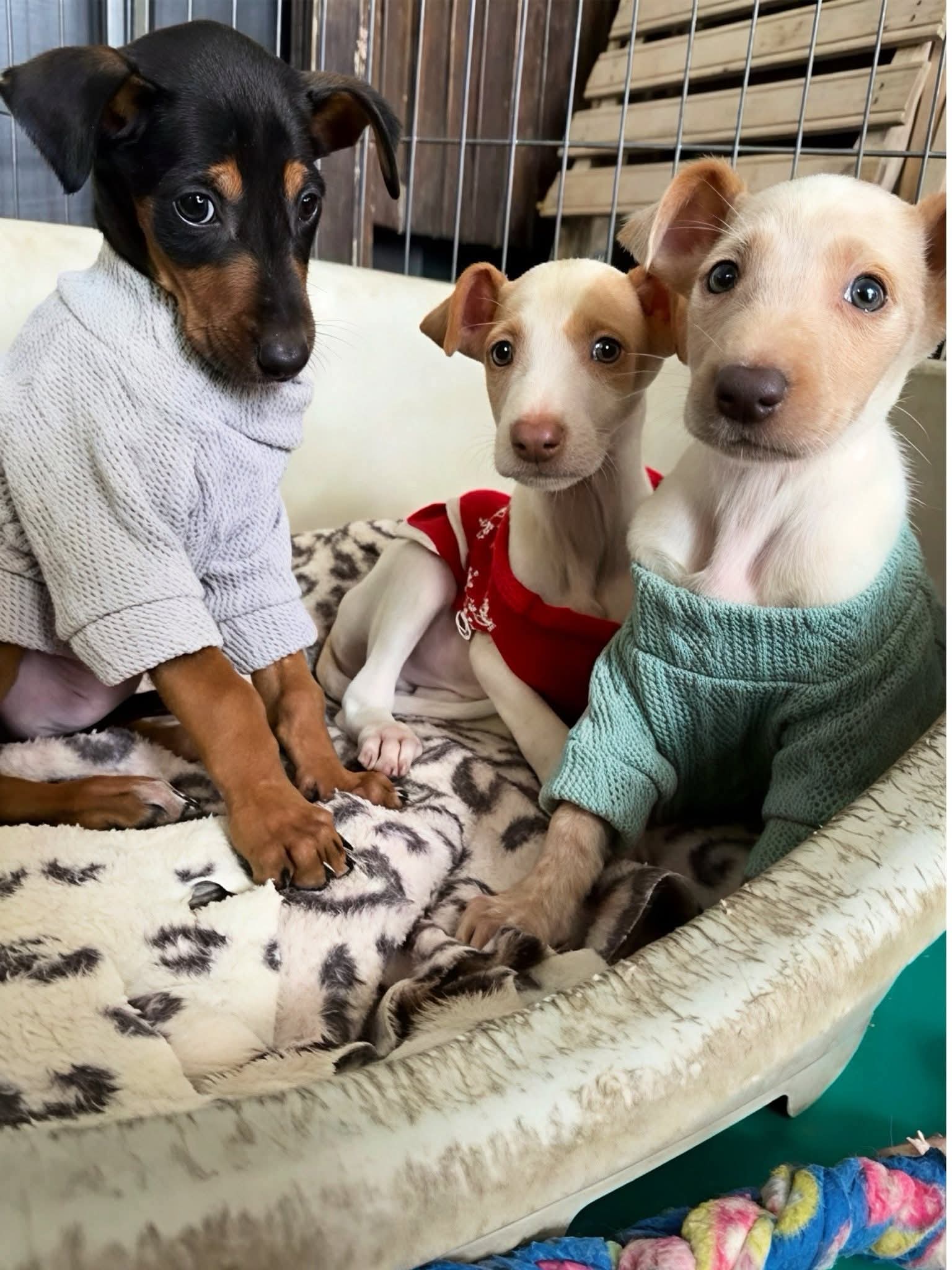Basil, Beau and Bobby at the market in their jumpers